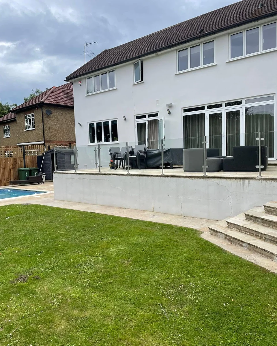 Glass balustrade at patio edge, Maidstone Glass Balustrades Headcorn farmhouse terrace project