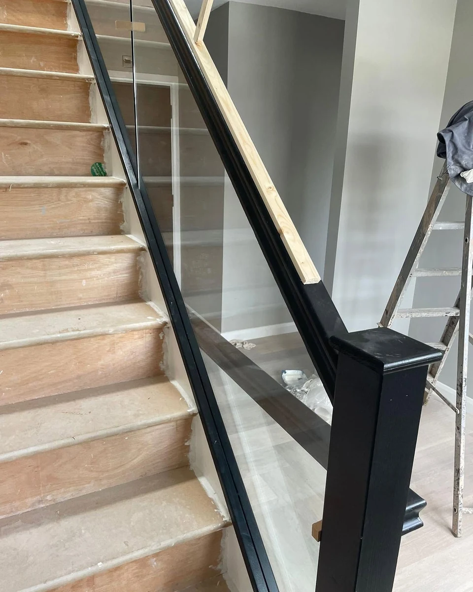Satin black frame glass balustrade on timber stair treads, Maidstone Glass Balustrades