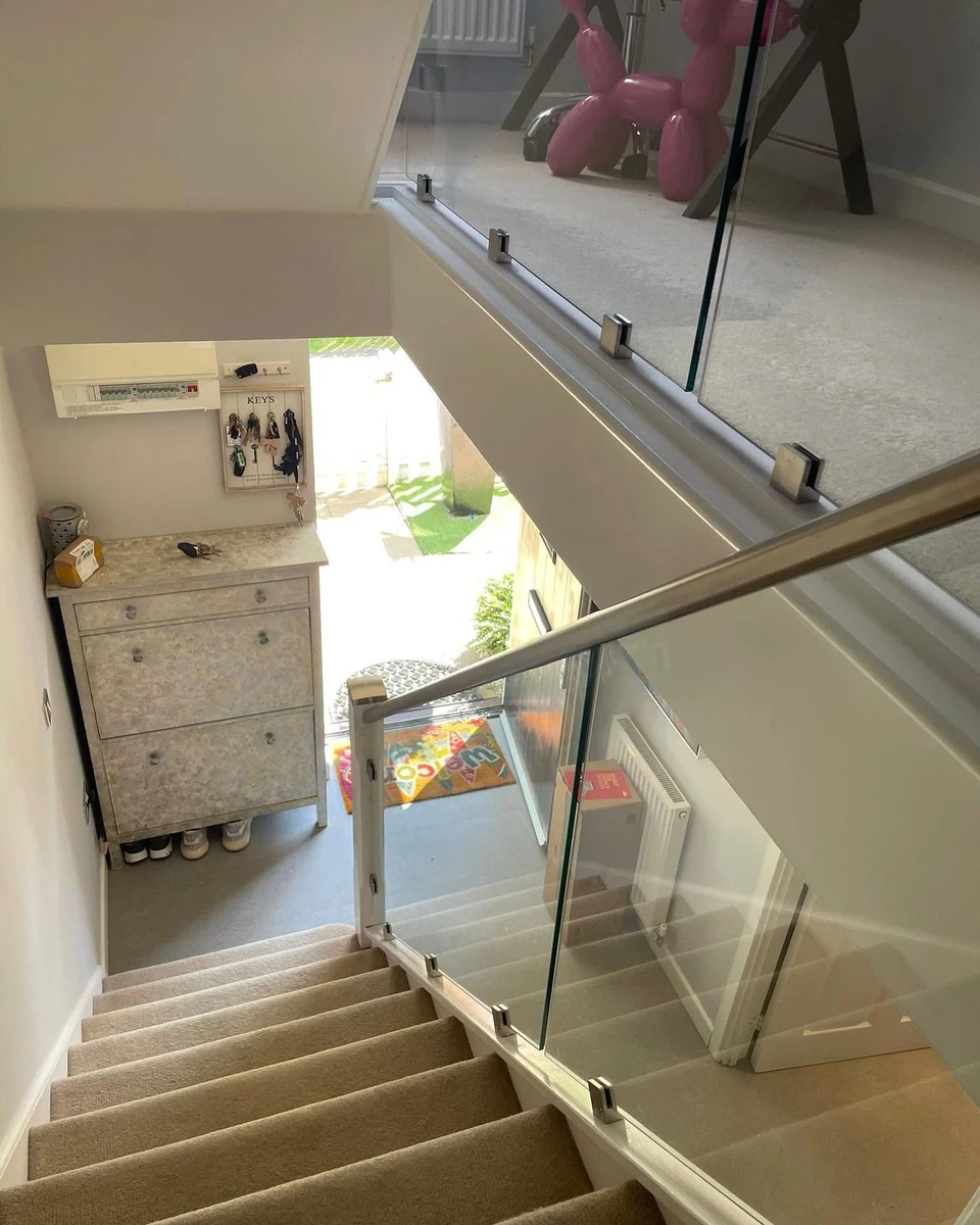 View down through glass balustrade from landing, Maidstone Glass Balustrades Hollingbourne period property